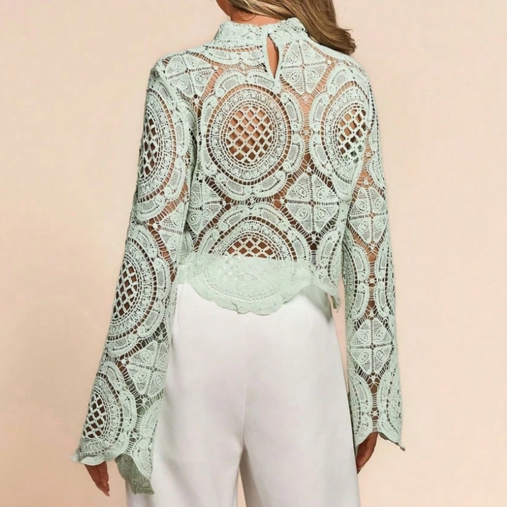 High Neck Floral Semi Sheer Flared Sleeve Cropped Top - Picture 2 of 9